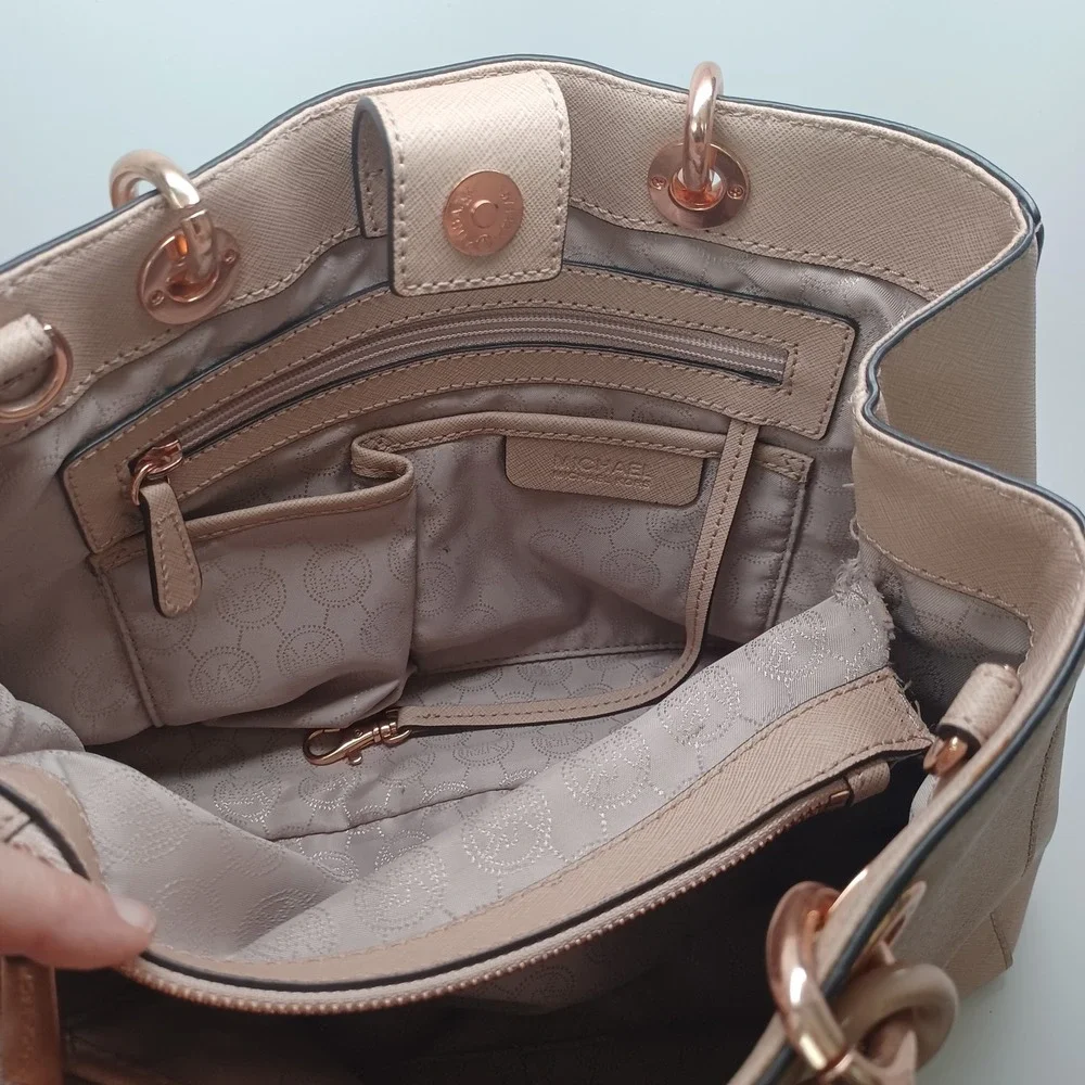 Michael Kors Cynthia Tote Neutral Tan Saffiano Leather Hand Painted Floral Bag
